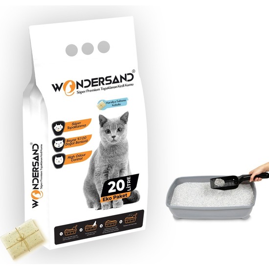 Wondersand 20 Lt Beyaz Bentonit Ince Tane Sabun Kokulu Süper Topaklanan Premium Kedi Kumu