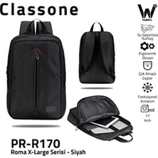 Classone PR-R170 Roma Serisi Su Geçirmez Kumaş 17" Notebook Laptop Sırt Çantası, Siyah