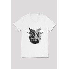 Baykuş Baskılı Unisex Beyaz V Yaka Tshirt