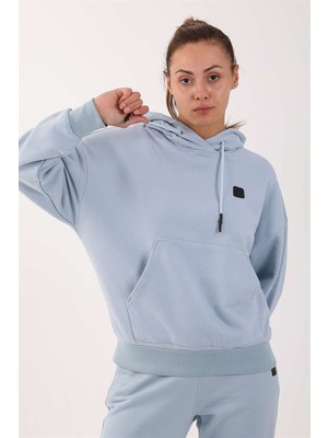 Maraton Oversize Kadın Kapüşonlu  Sisli Mavi Sweatshirt