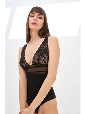 Nbb Siyah Fleur  Dantelli Kapsız Bodysuit