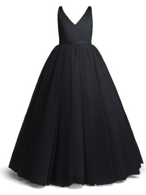 Nsm Kız Çocuk Siyah Anvelop Mezuniyet Parti Abiye Elbise A-Line Düz Renk Modeli