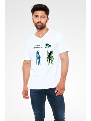 Astrolog Baskılı Unisex Beyaz V Yaka Tshirt