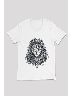 Aslan Baskılı Unisex Beyaz V Yaka Tshirt