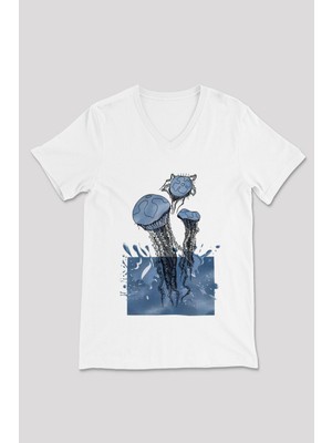 Deniz Canlıları Baskılı Unisex Beyaz V Yaka Tshirt