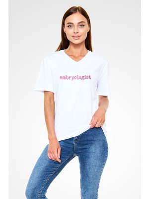 Embriyolog Baskılı Unisex Beyaz V Yaka Tshirt