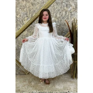 Abiye Kids Beyaz Çantalı Dantelli Tarz Çocuk Abiye 10/13 Yaş Arası
