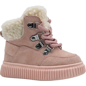 Kids A More Dinos Peluş Kürk Yaka Detaylı Bağcıklı ve Fermuarlı Deri Kız Çocuk Bot Pudra