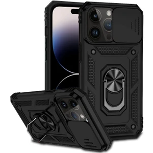 Apple iPhone 14 Pro Max Kılıf Tank Aramid Sürgülü Vega Yüzüklü+Nano Siyah