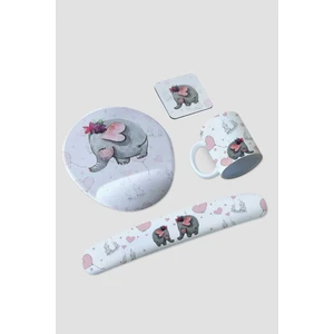 Fil Desenli Mousepad, Kupa, Altlık ve Klavye Pedi Seti