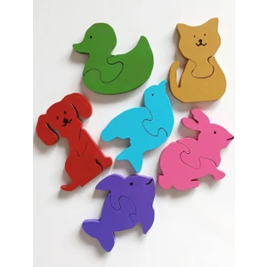 Özel Eğitim Gören Çocuklar Için Ahşap Puzzle Yapboz Başlangıç Seti- Balık, Kedi, Köpek, Kuş, Tavşan, Ördek- Iki Parçalı