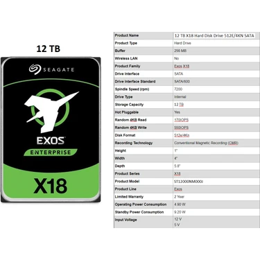 Seagate 12TB Exos X18 ST12000NM000J Hard Disk Drive 512E/4KN
