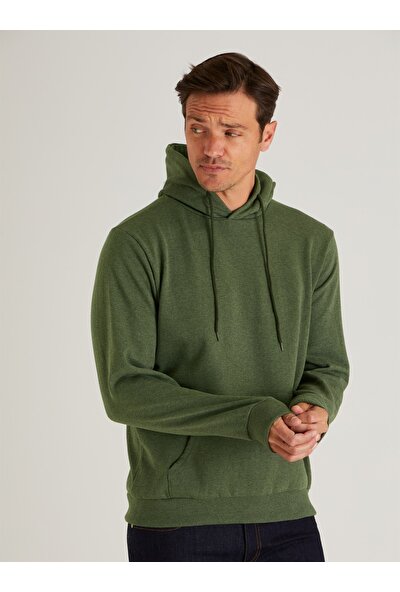 Dufy Haki Kapüşonlu Kanguru Cepli Erkek Sweatshirt Modern Fit