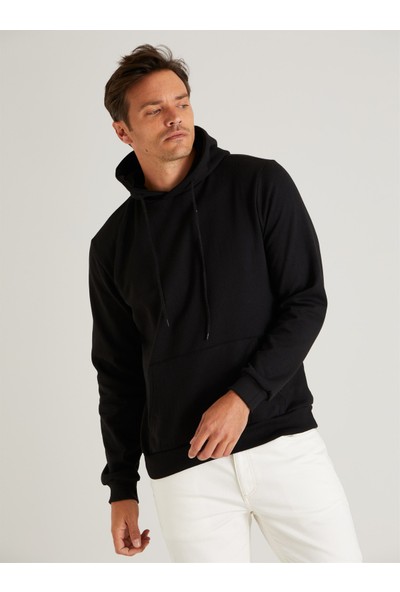Dufy Siyah Kapüşonlu Kanguru Cepli Erkek Sweatshirt Modern Fit