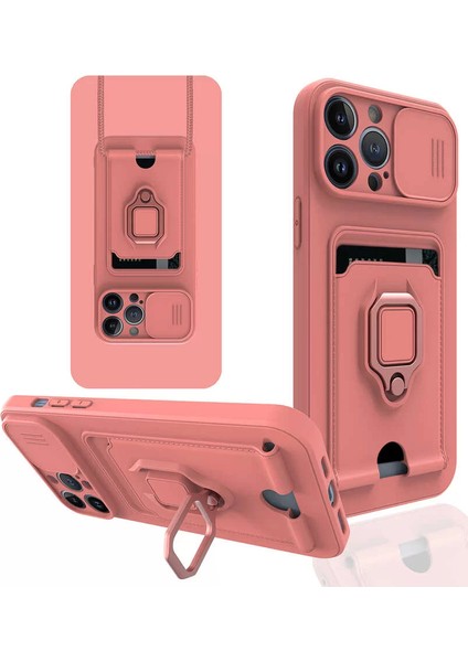Apple iPhone 13 Pro Max Kılıf ve Kart Tutucu Halkalı Stand [manyetik] Apple iPhone 13 Pro Max Için Sıvı Silikon Çizilmeye Dayanıklı Darbeye Dayanıklı Lensi Kamera Koruma Kılıfı Pembe