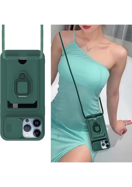 Apple iPhone 11 Kılıf ve Kart Tutucu Halkalı Stand [manyetik] Apple iPhone 13 Pro Max Için Sıvı Silikon Çizilmeye Dayanıklı Darbeye Dayanıklı Lensi Kamera Koruma Kılıfı Koyu Yeşil