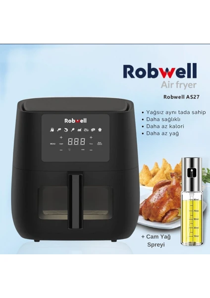 Robx AS27 Airfryer 6 Litre 1700wat +Cam yağdanlık+ızgara şiş