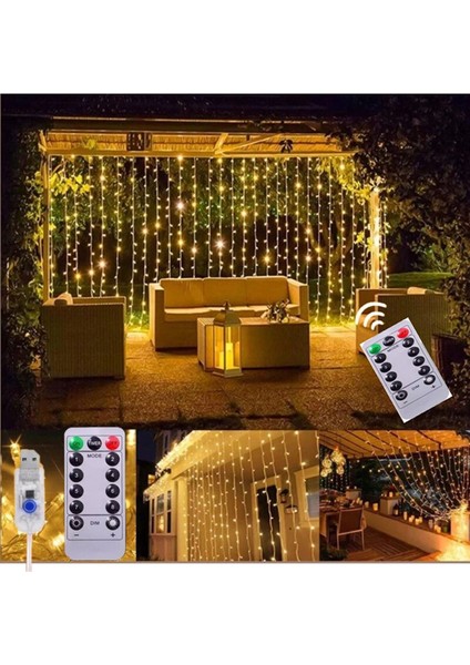 Kumandalı Perde Peri Led, 8 Fonksiyonlu USB Başlıklı 3 Metre Perde Led, Perde Asma Aparatı Hediye