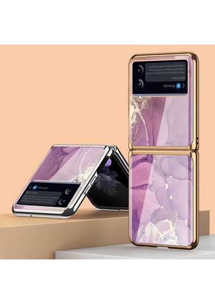 Samsung Galaxy Z Flip 3 Mor Mermer Desen Havalı Cam Cep Telefonu Kılıfı (Yurt Dışından)