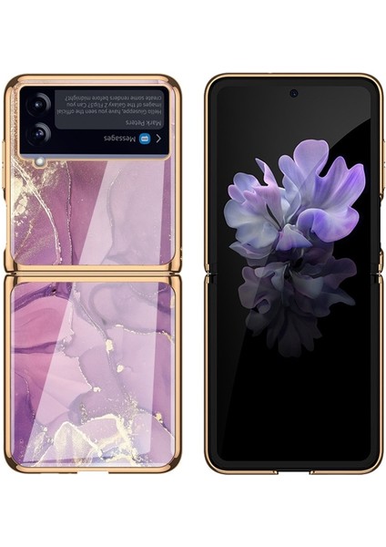 Samsung Galaxy Z Flip 3 Mor Mermer Desen Havalı Cam Cep Telefonu Kılıfı (Yurt Dışından)