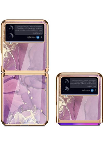Samsung Galaxy Z Flip 4 Mor Mermer Desen Havalı Cam Cep Telefonu Kılıfı (Yurt Dışından)