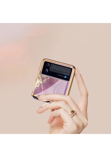 Samsung Galaxy Z Flip 3 Mor Mermer Desen Havalı Cam Cep Telefonu Kılıfı (Yurt Dışından)