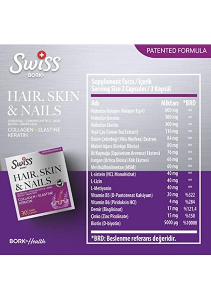 Swiss Bork® Hair, Skin And Nails 30 Kapsül (Saç Tırnak ve Cilt Sağlığı ve Keratin)