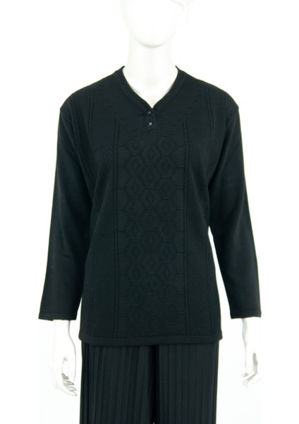 Kadın Kışlık Kendinden Zümrüt Motifli Iki Düğmeli Armut Yakalı Normal Kesim Likralı Pamuklu Triko Dokuma Anne Kazak modelleri