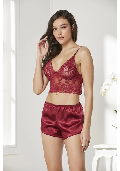 4lü Gecelik Sabahlık Şort Çeyiz Set 7005 Bordo