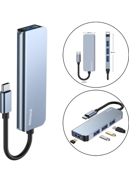 Alüminyum Slim - USB 3.0 USB 2.0 4 Port Hub Adaptör