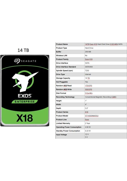 14TB ST14000NM000J - Sata 3.5-Inch HDD Exos X18 Enterprise 512E/4KN Sata 6.0gb/s 7200RPM 256MB