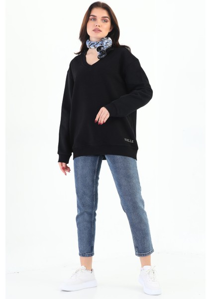 %100 Organik Pamuklu Oversize Siyah Kadın Sweatshirt V-Yaka