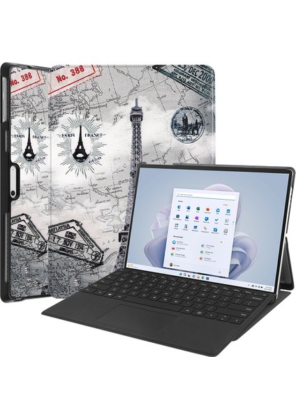 xPhone Store Microsoft Surface Pro 9 Junsunmay Custer Için 3 Katlı Deri Tablet Kılıfı Boyalı (Retro Tower) (Yurt Dışından)