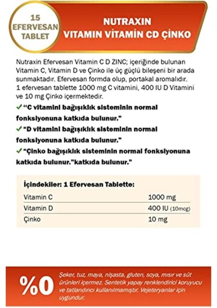 Vitamin C-D-Zinc 15 Efervesan Tablet Takviye Edici Gıda fiyatları