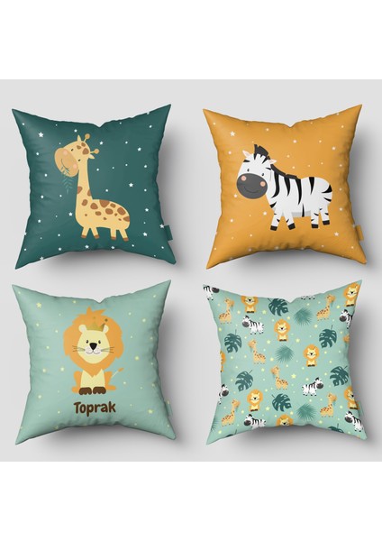 Safari, Yeşil, Sarı, 4'lü Set, Çift Taraflı, Ithal Kadife Kumaş, Çocuk Bebek Odası Kırlent Kılıfı
