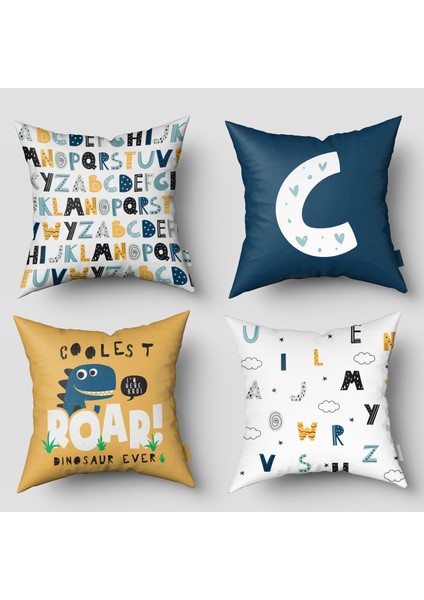 Alfabe, 4'lü Set, Çift Taraflı, Ithal Kadife Kumaş, Çocuk Bebek Odası Kırlent Kılıfı