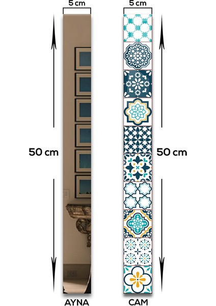 Dekor Camı | Modern Çini Desen Cam ve Ayna | 7'li Takım | 5cm x 50CM