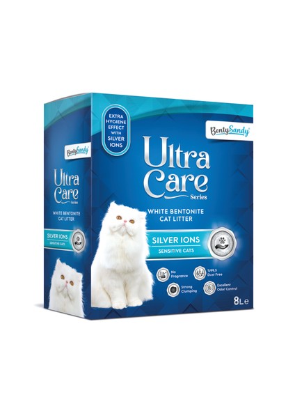 Ultra Care Series Hassas Kediler İçin Gümüş İyonlu Topaklanan İnce Taneli Kedi Kumu 8lx2