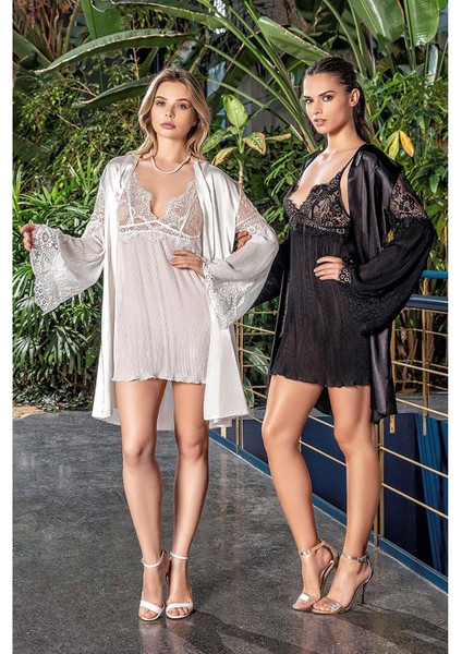 Kadın 5321 Kimono Gecelik Sabahlık Dantelli Saten Takım