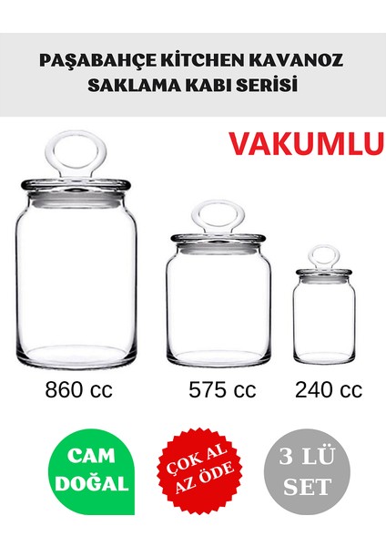 3 Lü Kitchen Cam Vakum Kapaklı Kavanoz Erzak Bakliyat Saklama Kabı Seti