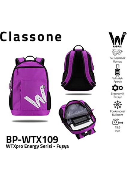 BP-WTX109 Wtxpro Serisi, Su Geçirmez Kumaş, 15.6" Laptop, Notebook Sırt Çantası, Fuşya