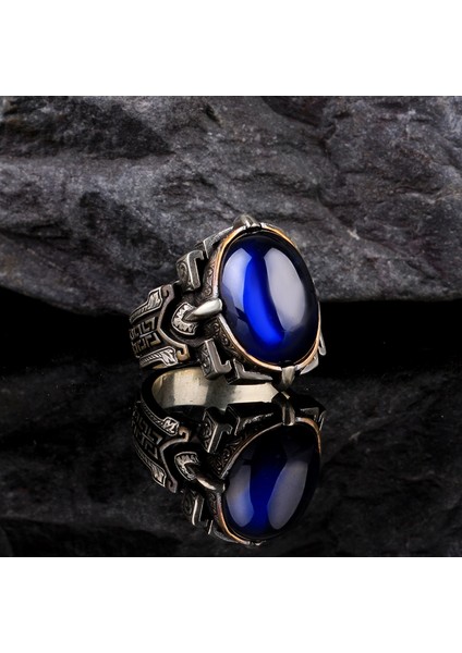 Zirkon Taşlı Mavi Renk 925 Ayar Gümüş Erkek Yüzük fiyatları