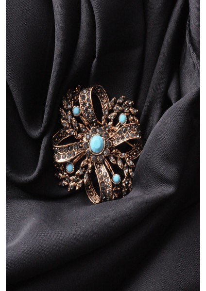 Broş Çiçekli Otantik Desenli Bronz Kristal Taşlı