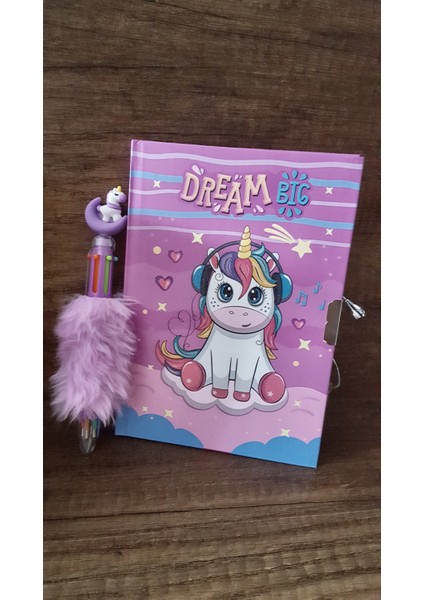 Çilekhomeavm Unicorn Kilitli Hatıra ve Günlük Defteri-Unicorn Renkli Peluş Kalem Seti