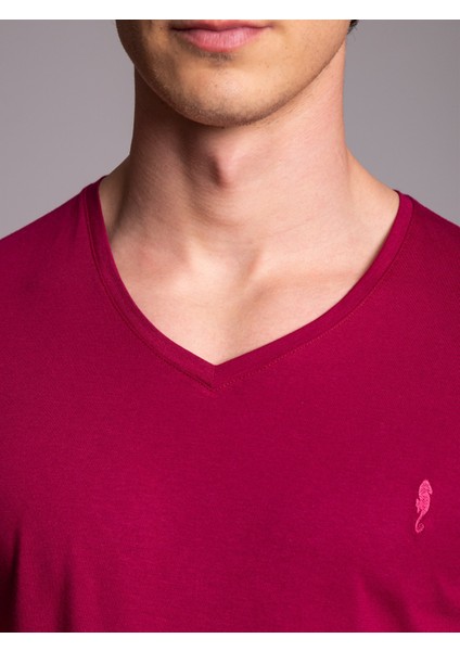 Bordo Erkek Slim Fit V Yaka Tshirt