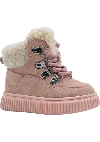 Dinos Peluş Kürk Yaka Detaylı Bağcıklı ve Fermuarlı Deri Kız Çocuk Bot Pudra