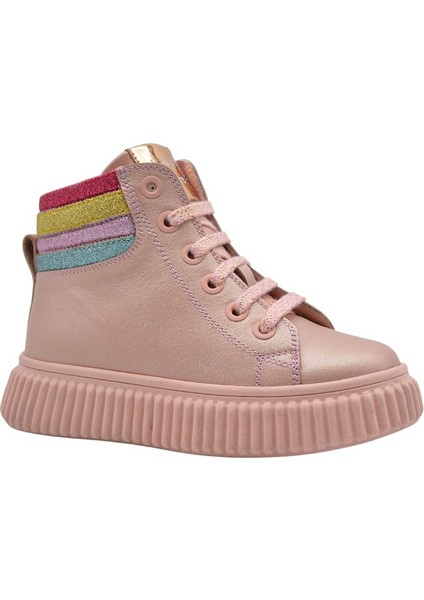 Angel Bağcıklı ve Fermuarlı Deri Kız Çocuk Bot Pudra