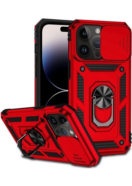 Apple iPhone 14 Pro Max Kılıf Tank Aramid Sürgülü Vega Yüzüklü+Nano Kırmızı