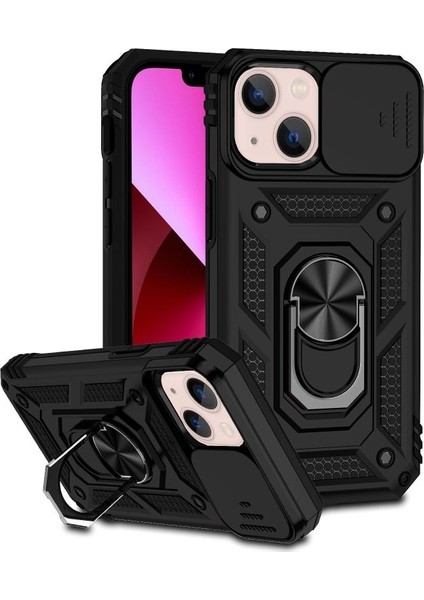 Casestreet Apple iPhone 14 Kılıf Tank Aramid Sürgülü Vega Yüzüklü+Nano Siyah