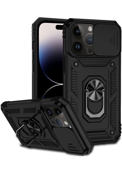 Apple iPhone 14 Pro Max Kılıf Tank Aramid Sürgülü Vega Yüzüklü+Nano Siyah